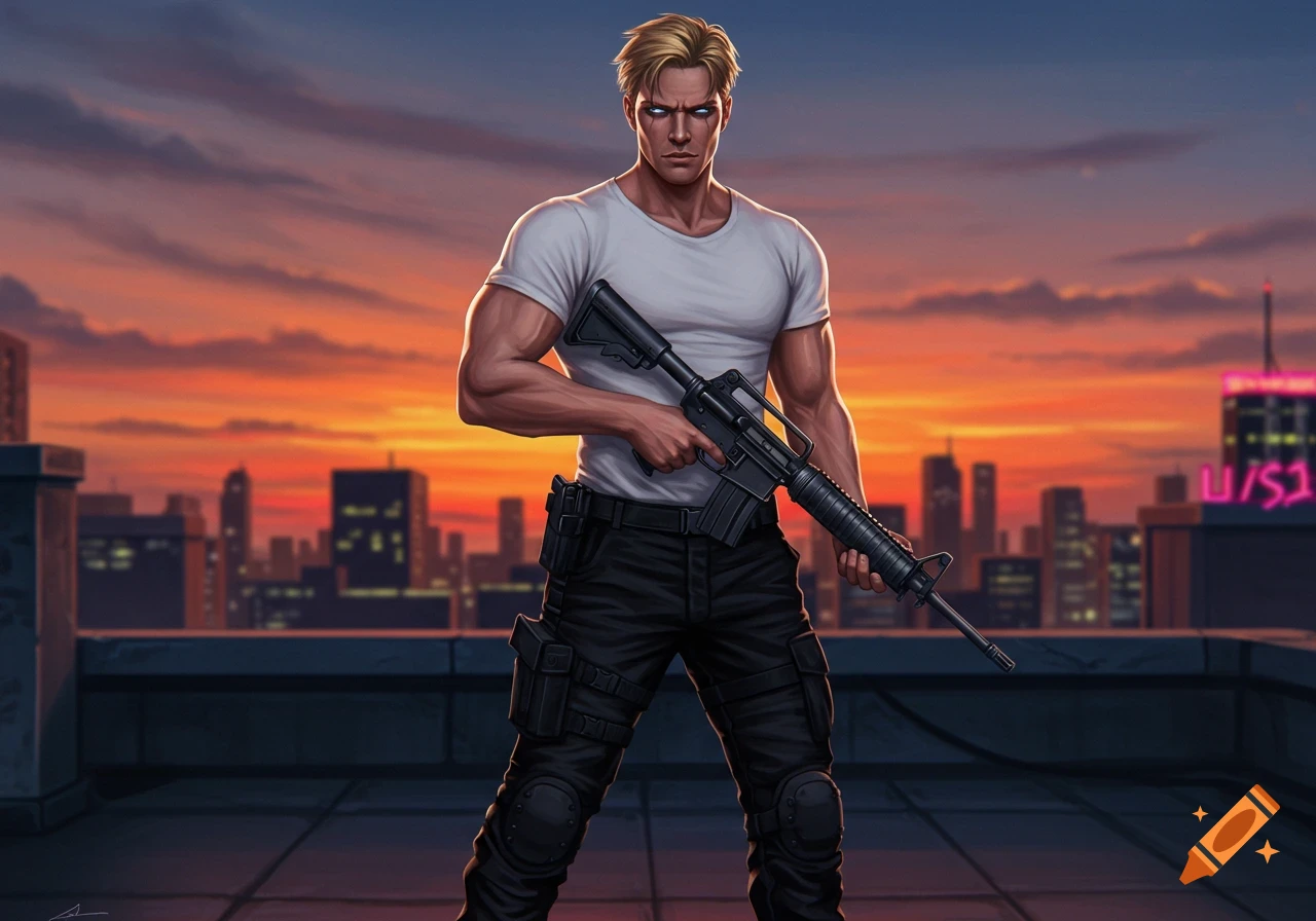 A muscled blonde man in a white t-shirt and cargo pants stands on a rooftop at sunset, holding a rifle.
