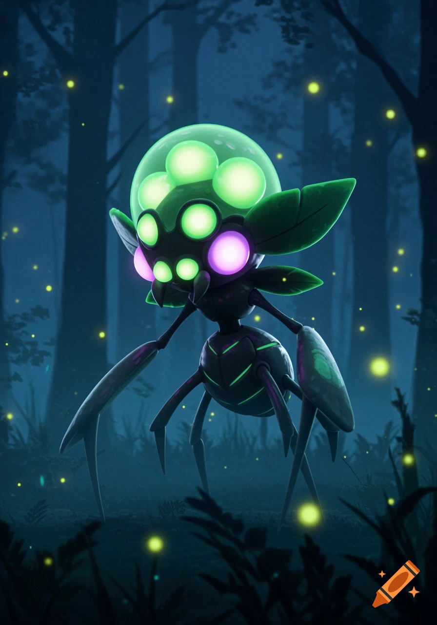 A glowing spider-like creature with a large, translucent head stands in a dark forest with fireflies, in a stylized concept art.