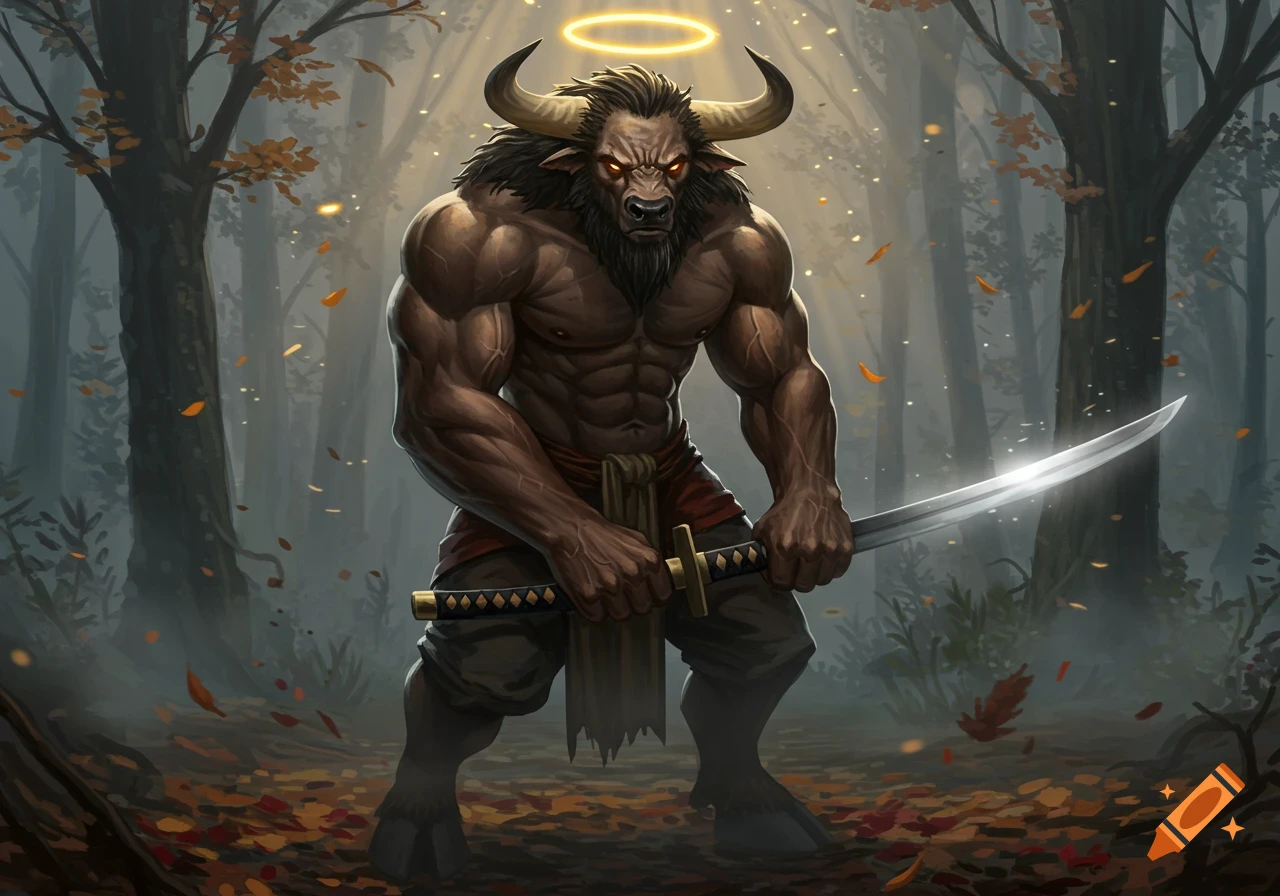 Muscular minotaur with a glowing halo and a katana stands in a mystical forest with autumn leaves in a detailed fantasy art style.