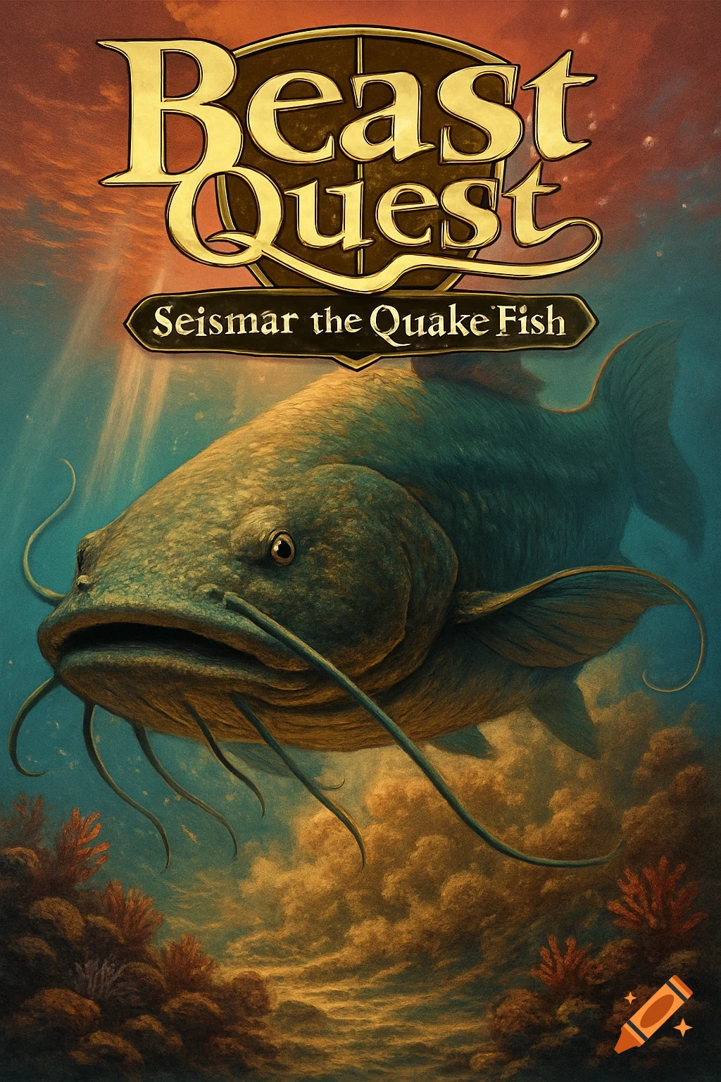 A fantastical book cover for 'Beast Quest: Seismar the Quake Fish' showing a giant catfish monster underwater.