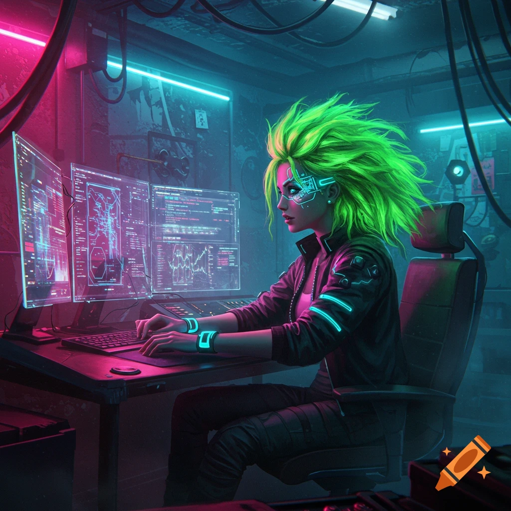 A cyberpunk woman with neon green hair and glowing eye implants works at a computer desk with multiple screens displaying data in a dark, neon-lit room.