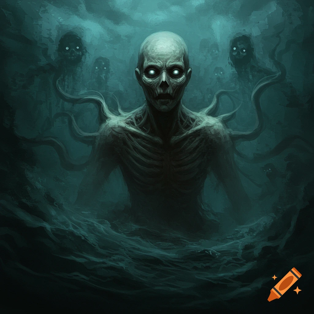 A skeletal, pale figure with glowing eyes emerges from murky water, surrounded by shadowy, ghost-like entities in a dark, atmospheric horror painting.