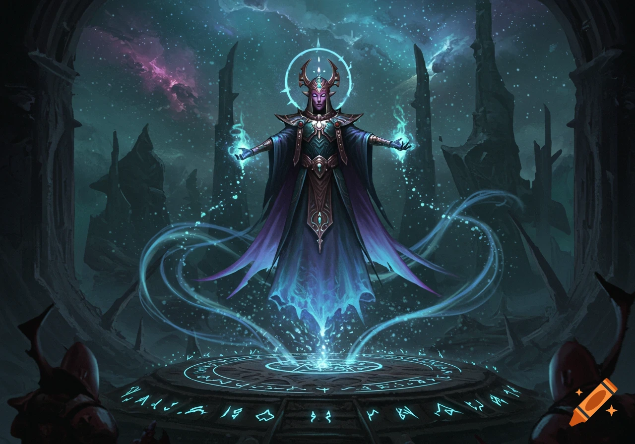 A powerful purple-skinned sorceress with glowing eyes and a horned crown casts spells with teal energy amidst ancient ruins under a starry, cosmic sky.