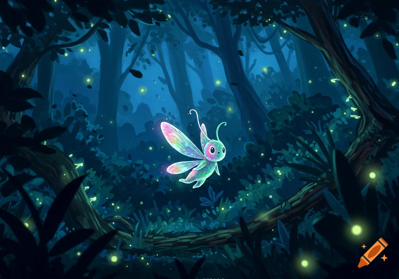 A glowing, iridescent fairy-like creature with large wings floats in a dark, magical forest filled with fireflies.