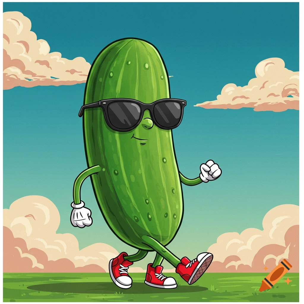 A cartoon cucumber with arms and legs, wearing black sunglasses and red sneakers, walking in a grassy field under a cloudy sky.