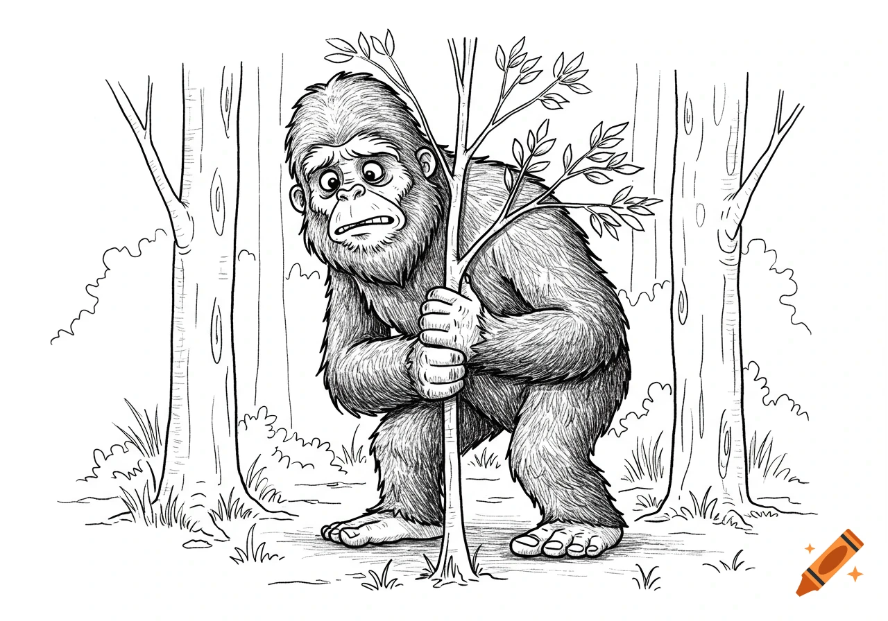 Black and white line art drawing of Bigfoot trying to hide behind a small tree in a forest.