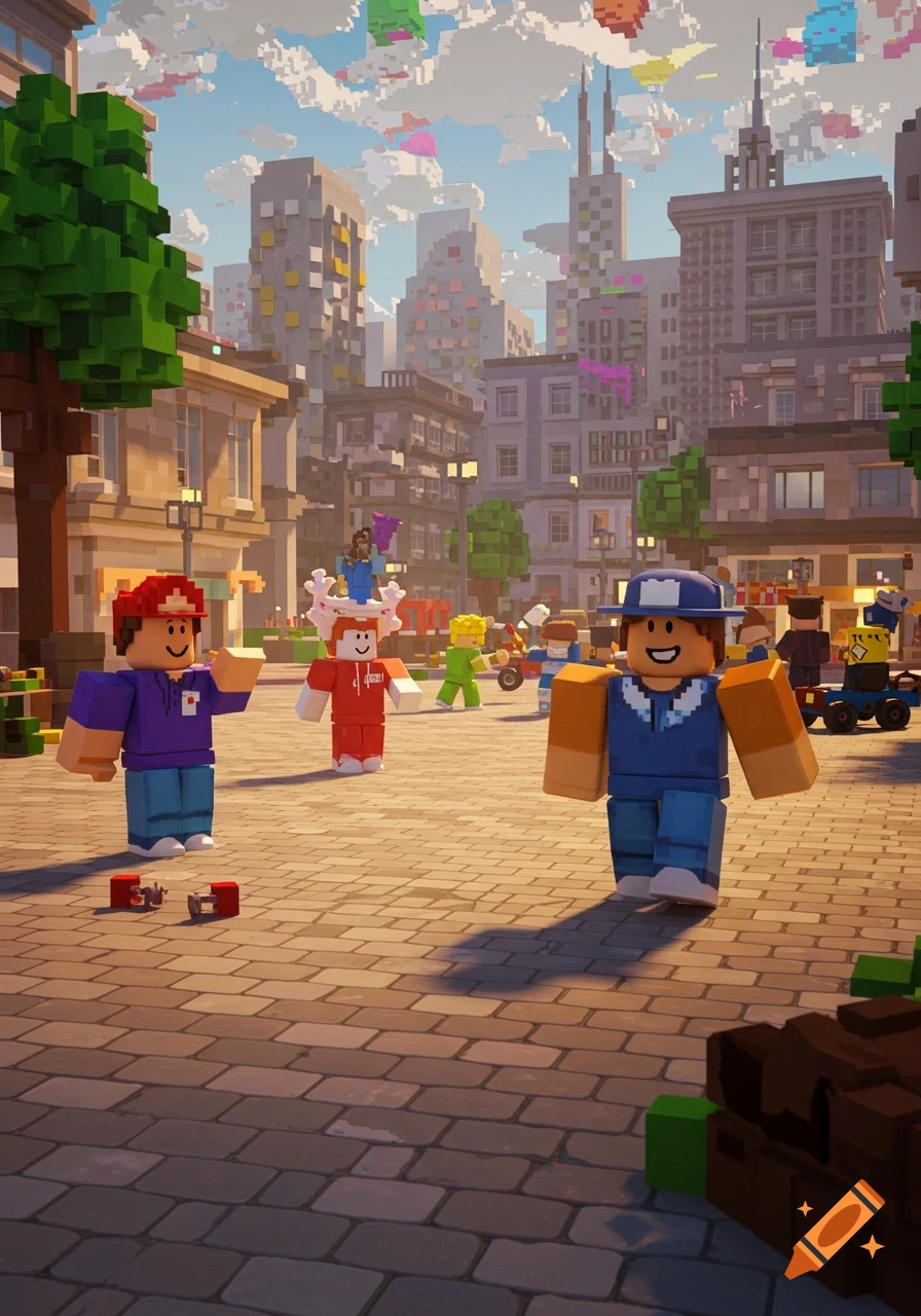 A group of blocky characters resembling Roblox avatars in a bustling voxel-style city square.