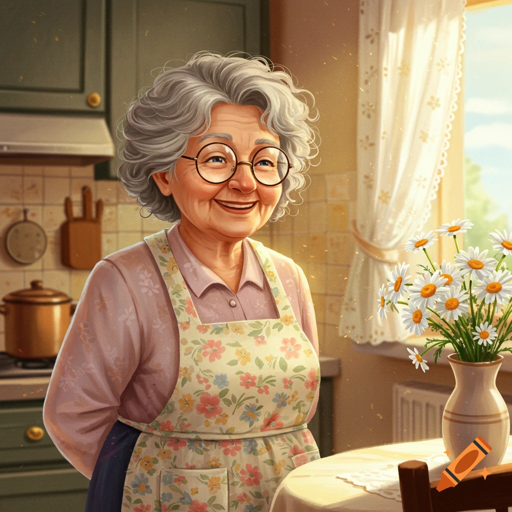 A smiling elderly woman with grey curly hair and glasses, wearing a floral apron, stands in a sunlit kitchen with a vase of daisies.
