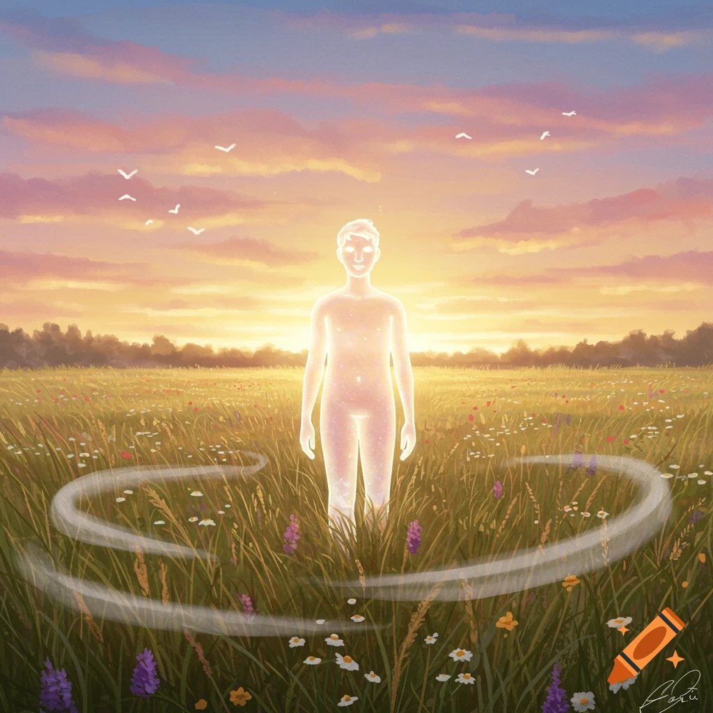 A glowing, translucent figure stands in a vast, colorful wildflower field under a vibrant sunset sky with birds flying.