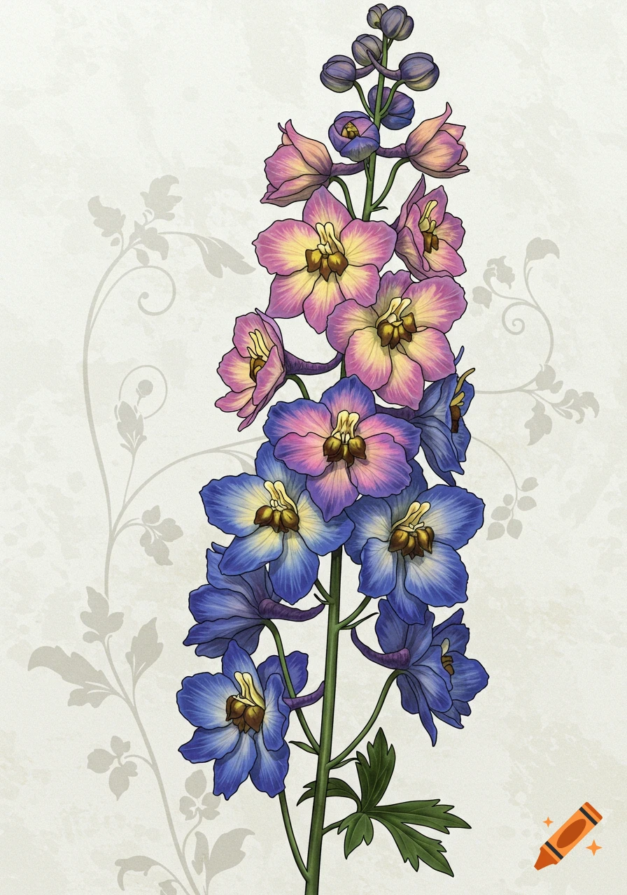 Neotraditional illustration of purple, pink, and blue larkspur flowers on a light textured background with subtle floral patterns.
