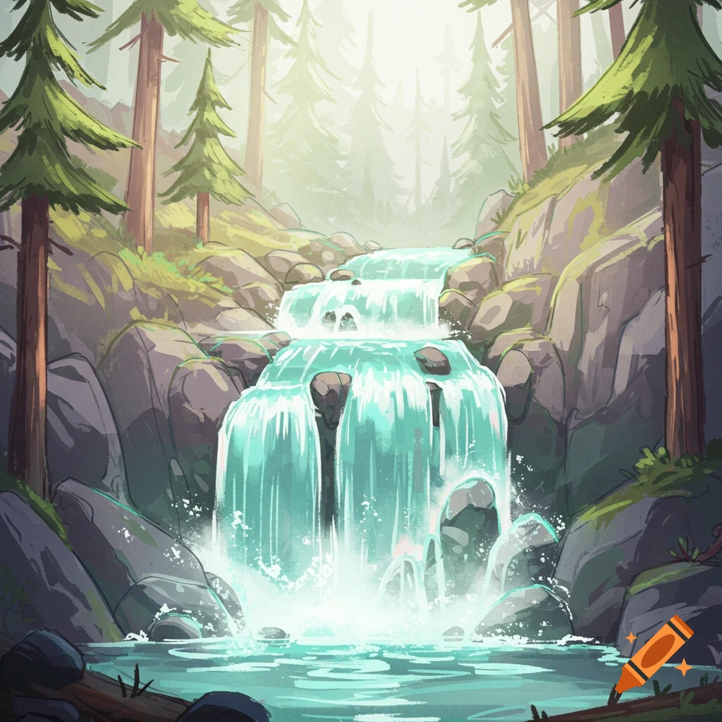 A stylized illustration of a multi-tiered waterfall flowing through a rocky forest with tall pine trees and misty sunlight.