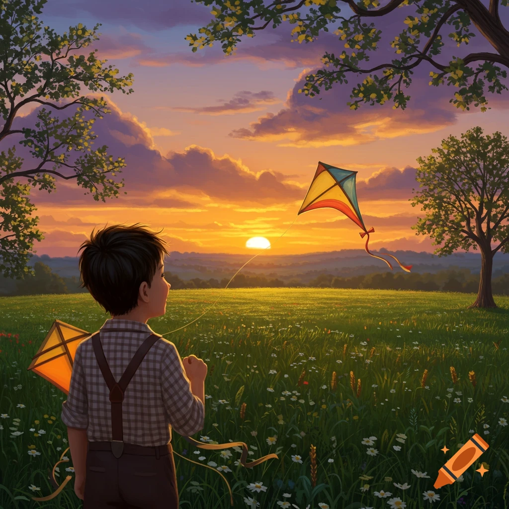 A young boy in a green field holds a kite string, watching his colorful kite against a vibrant sunset sky.