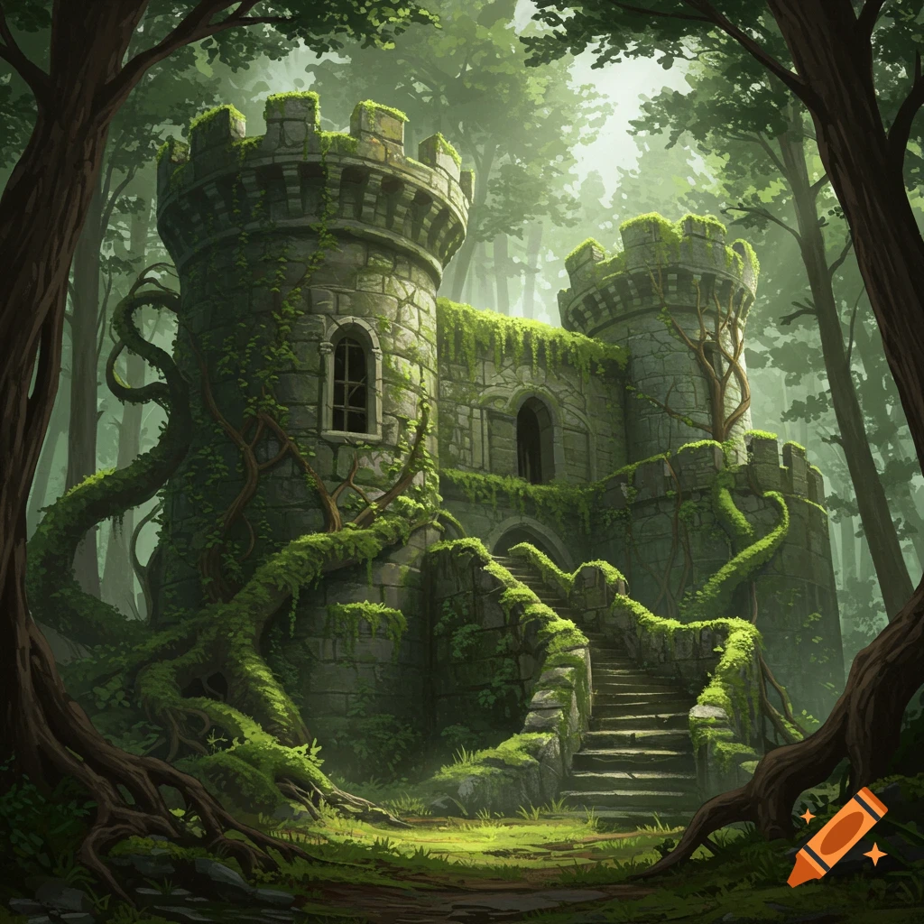 An ancient, moss-covered stone castle with multiple towers and stairs, set deep within a lush, green, sunlit forest.