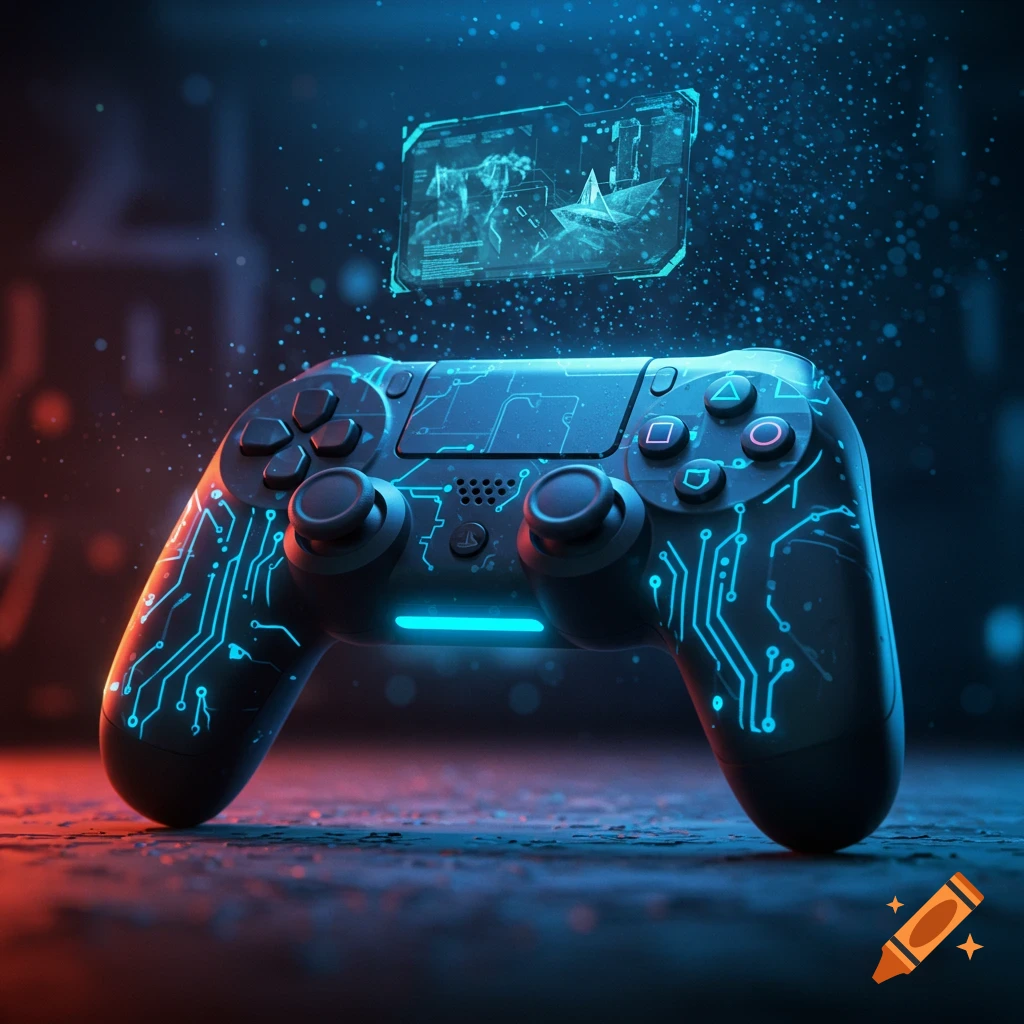 A futuristic video game controller with glowing blue circuit patterns and a holographic display floating above it.