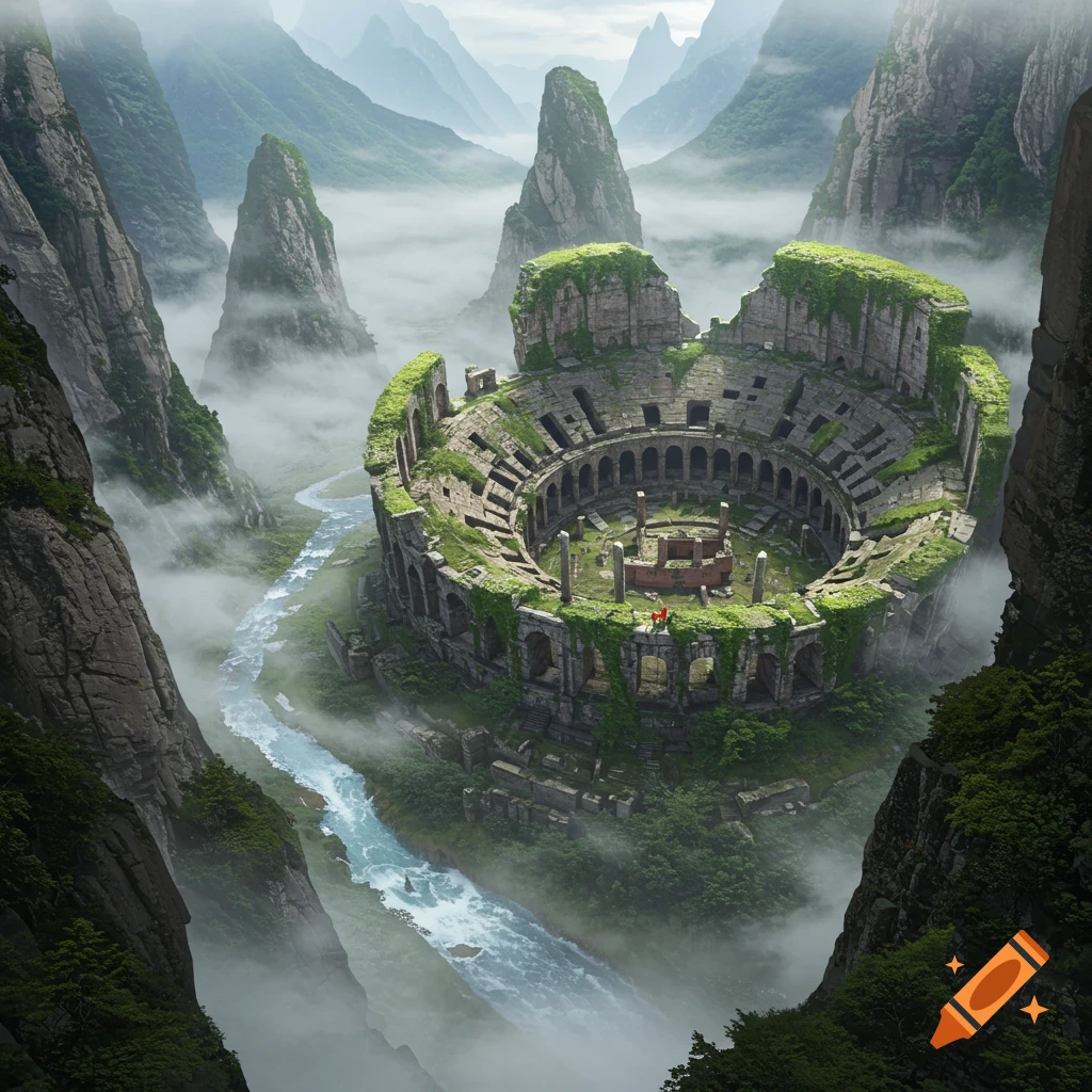 A top-down view of an ancient, moss-covered colosseum ruins nestled in a misty mountain valley with a river. Concept art.