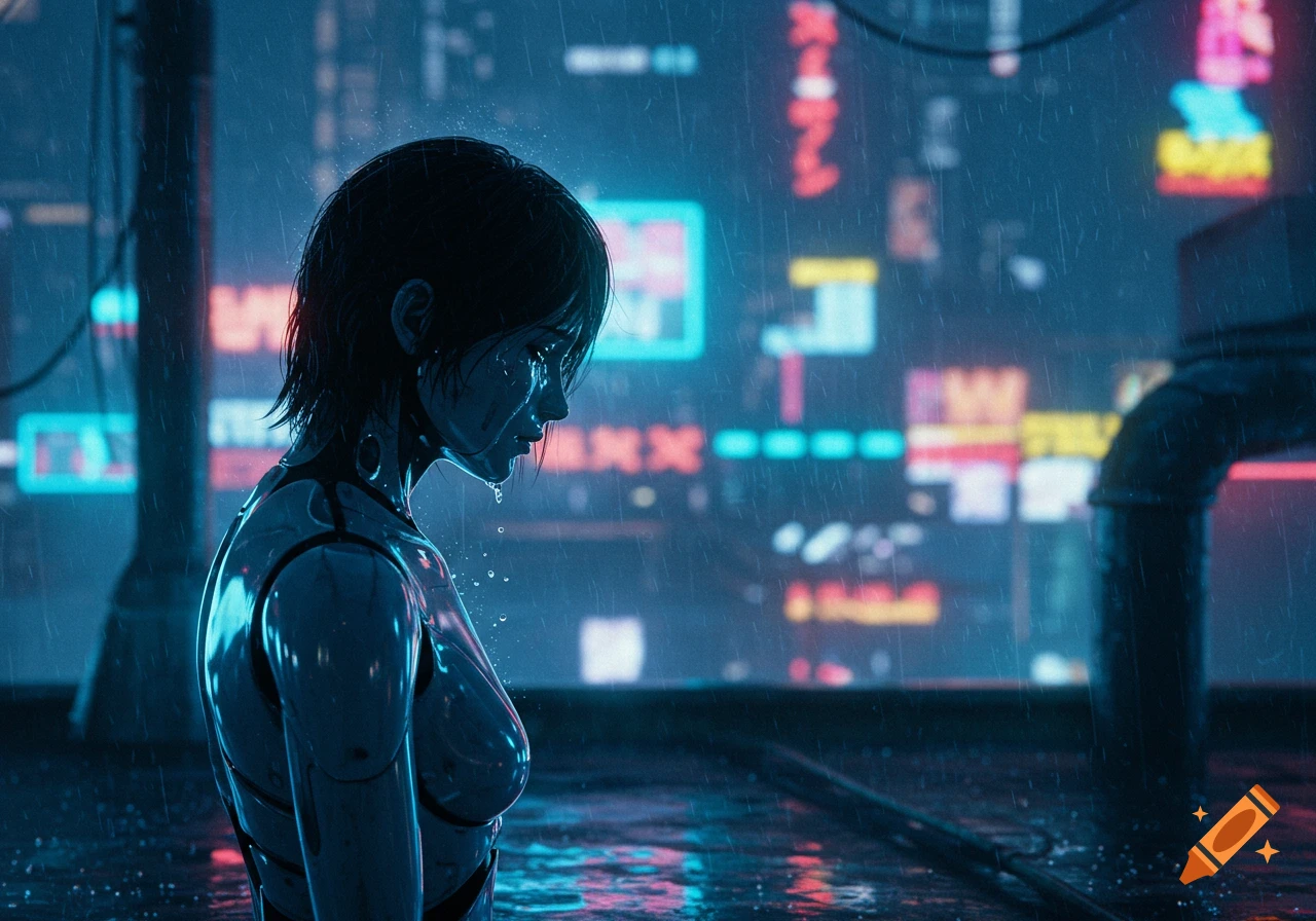 A melancholic robot in the rain on a rooftop in a neon-lit cyberpunk city at night.