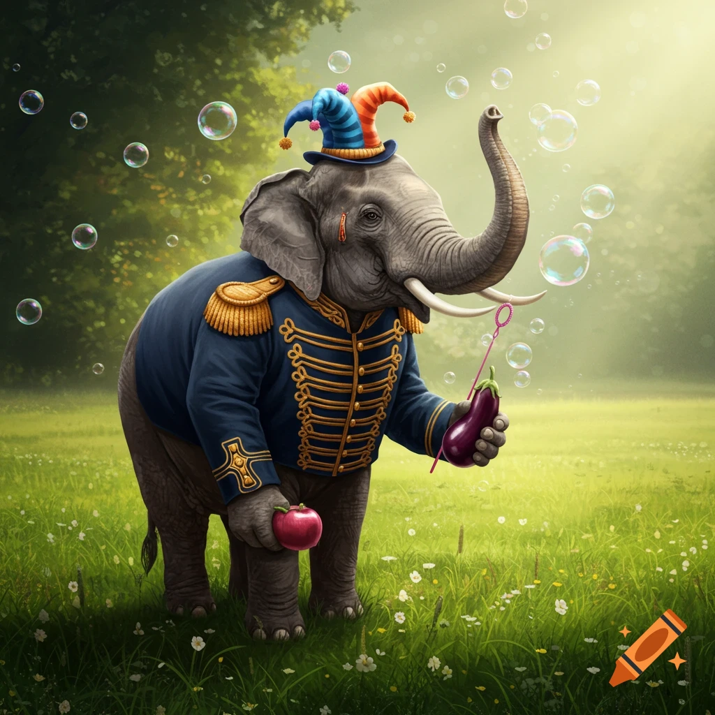 An elephant in a jester hat and blue military uniform stands in a grassy field, blowing bubbles while holding an eggplant.
