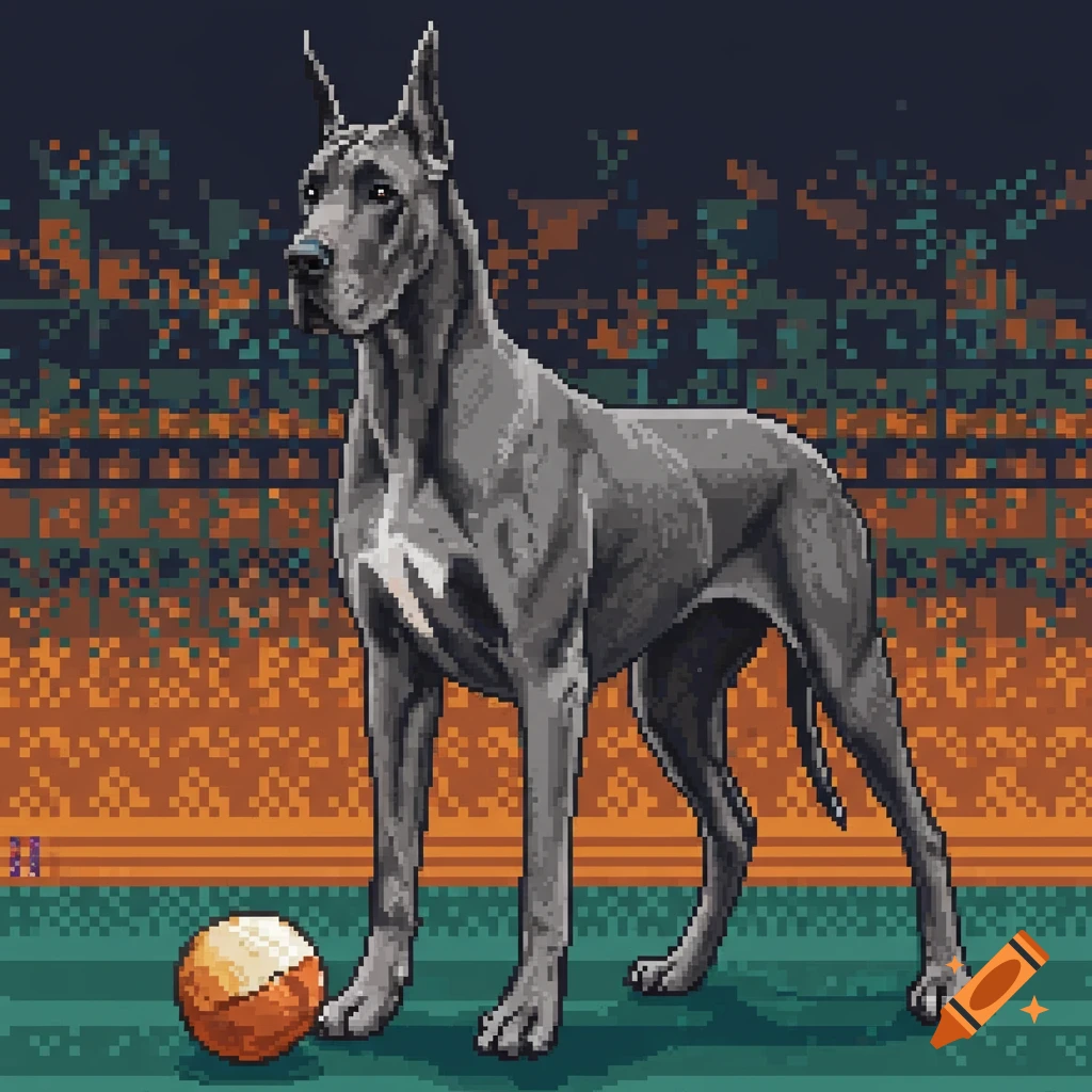 A pixel art illustration of a gray Great Dane dog standing next to a ball.