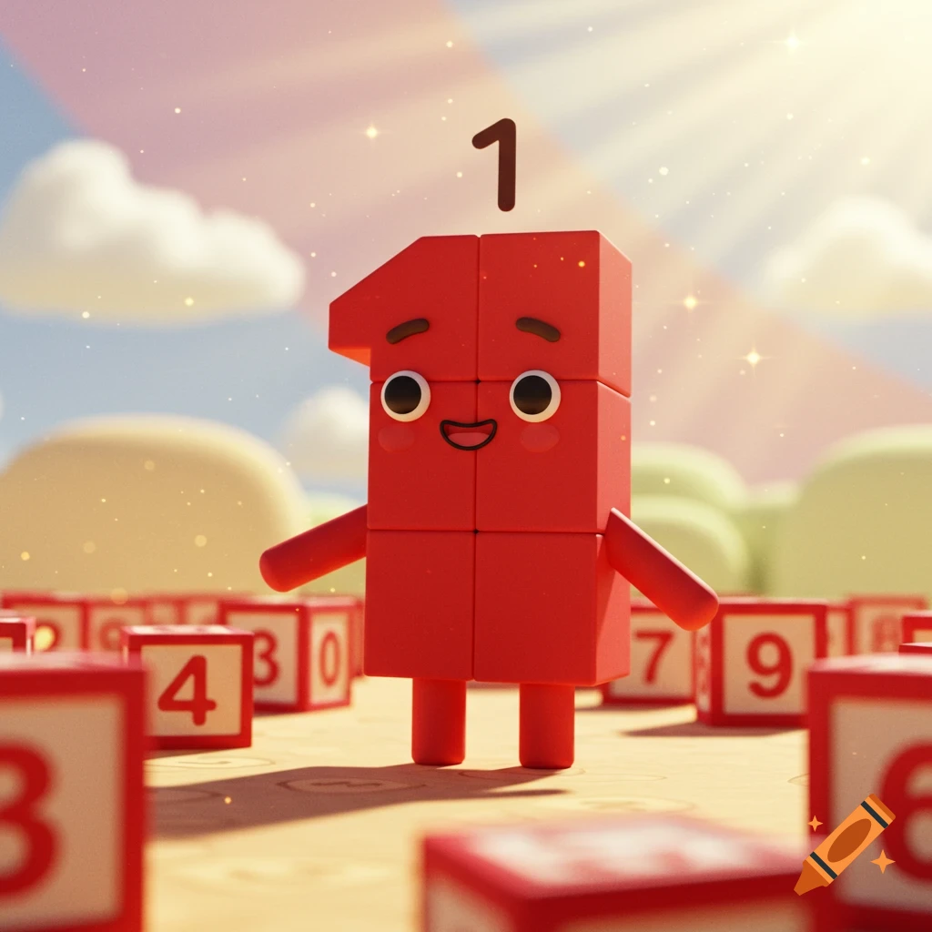 A smiling red block character shaped like the number one stands in a bright, sunny landscape surrounded by other numbered blocks.