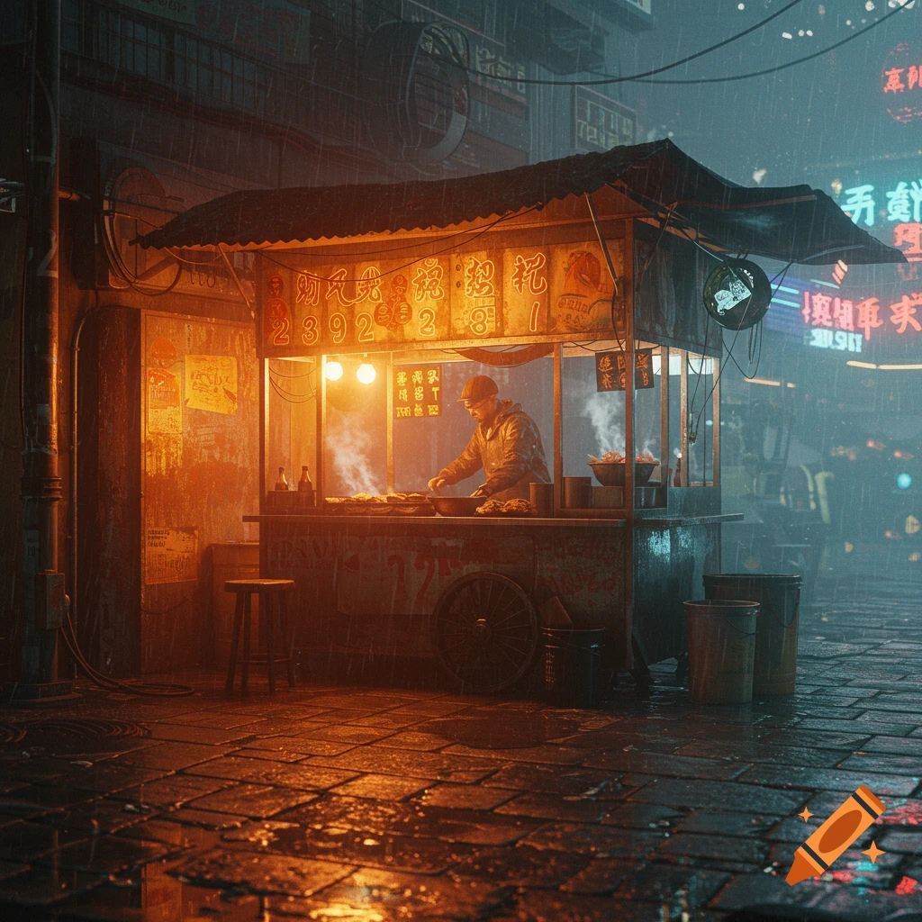 A person cooks at a lit street food stall in a rainy, dystopian city street at night, with neon signs in the background.