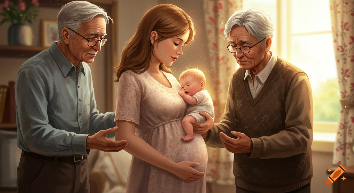 A pregnant woman holds a baby, looking down, flanked by two elderly men with concerned expressions in a warm, domestic setting.