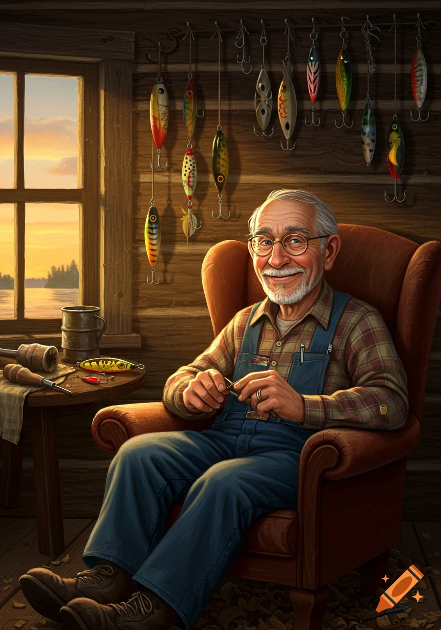 An elderly man with a white beard and glasses sits smiling in an armchair, surrounded by fishing lures in a rustic cabin.