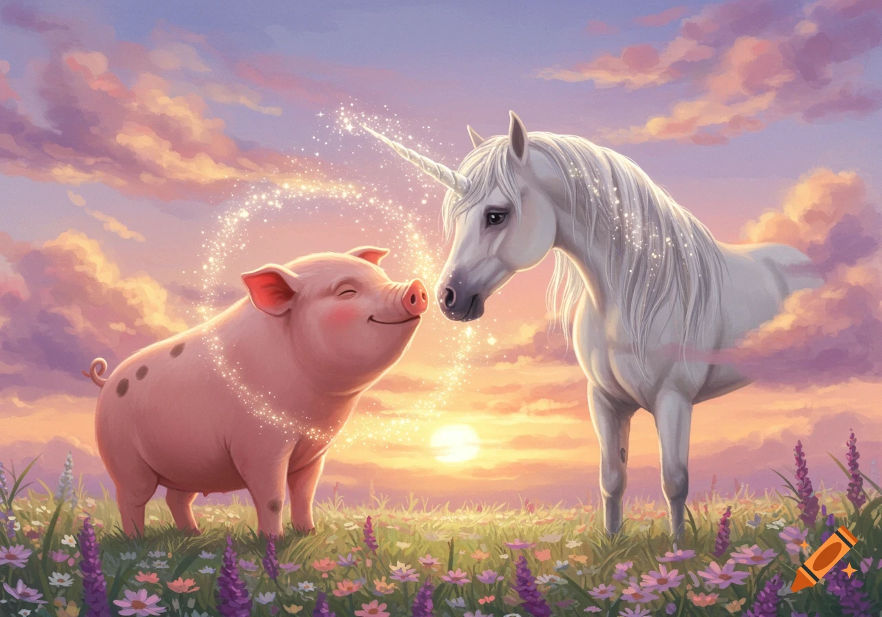 A cute pink pig and a white unicorn nose-to-nose in a flower field under a sunset sky with magical sparkles.