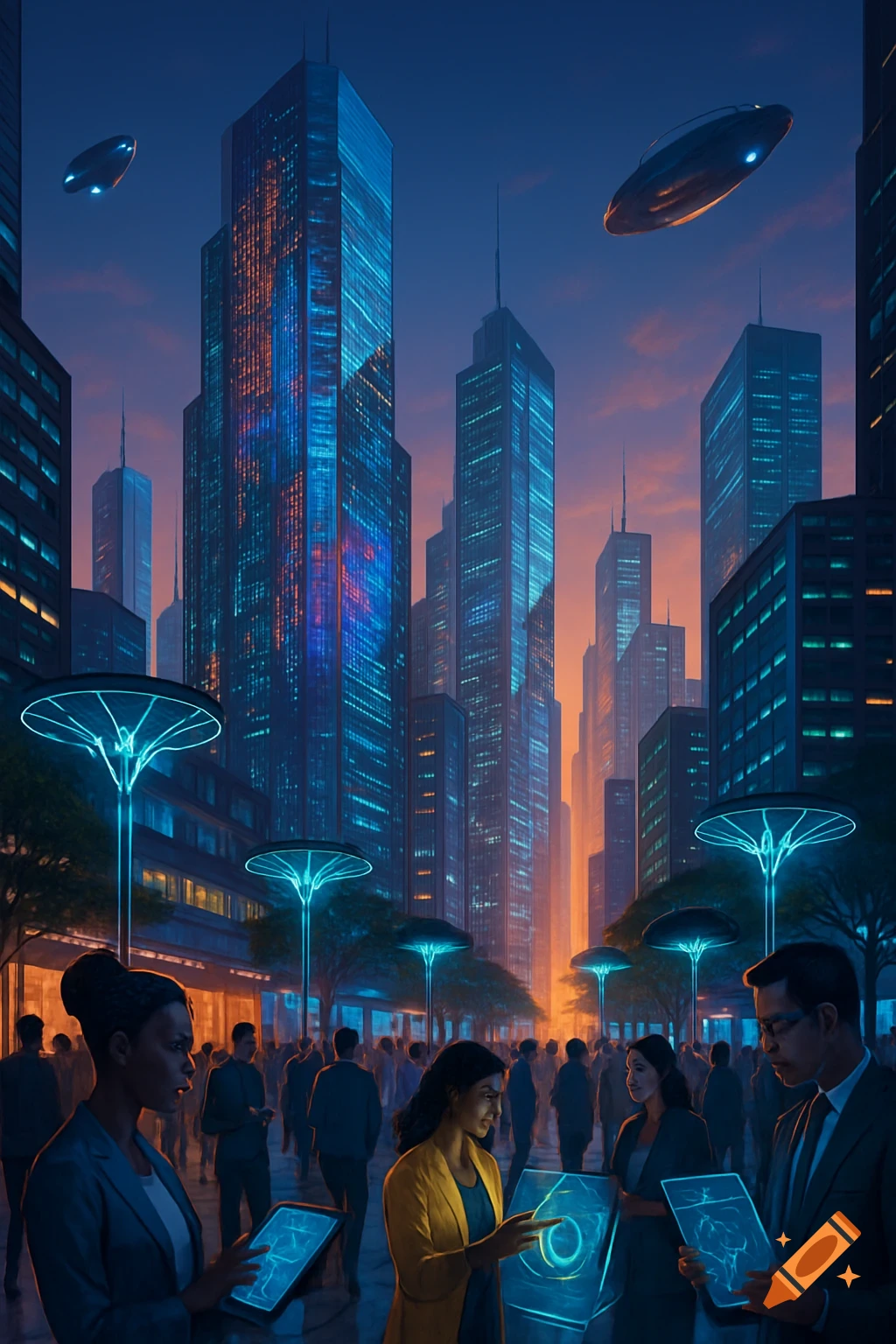 People interact with glowing holographic tablets in a bustling futuristic city street at dusk, with towering skyscrapers and flying vehicles.
