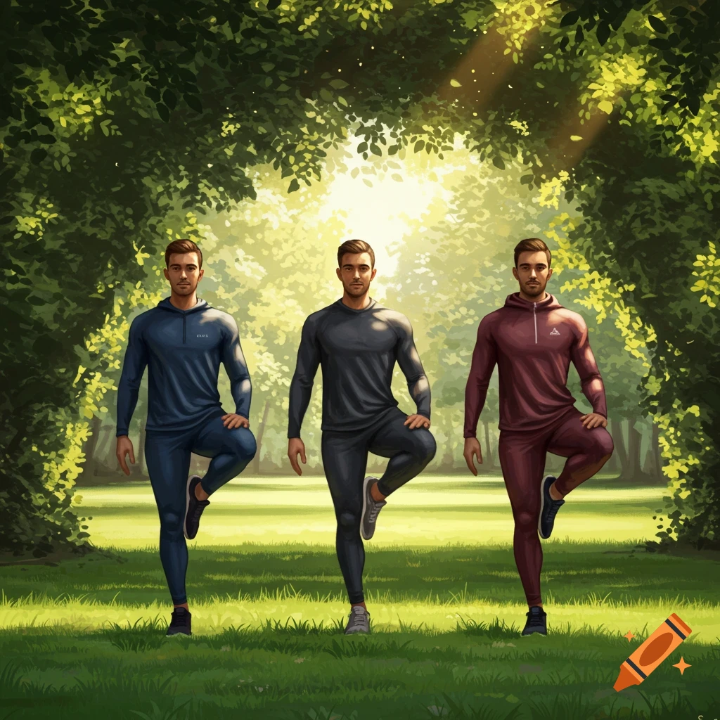 Three men in athletic wear perform a standing quadriceps stretch in a park setting with lush green trees and sunlight filtering through.
