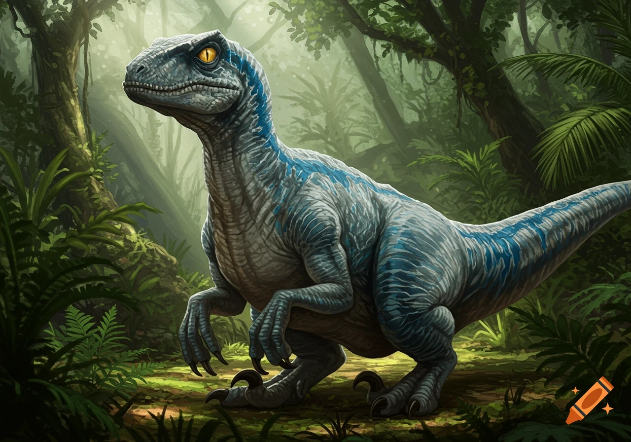 A blue and grey Velociraptor dinosaur, resembling Blue from Jurassic World, stands in a lush green jungle.