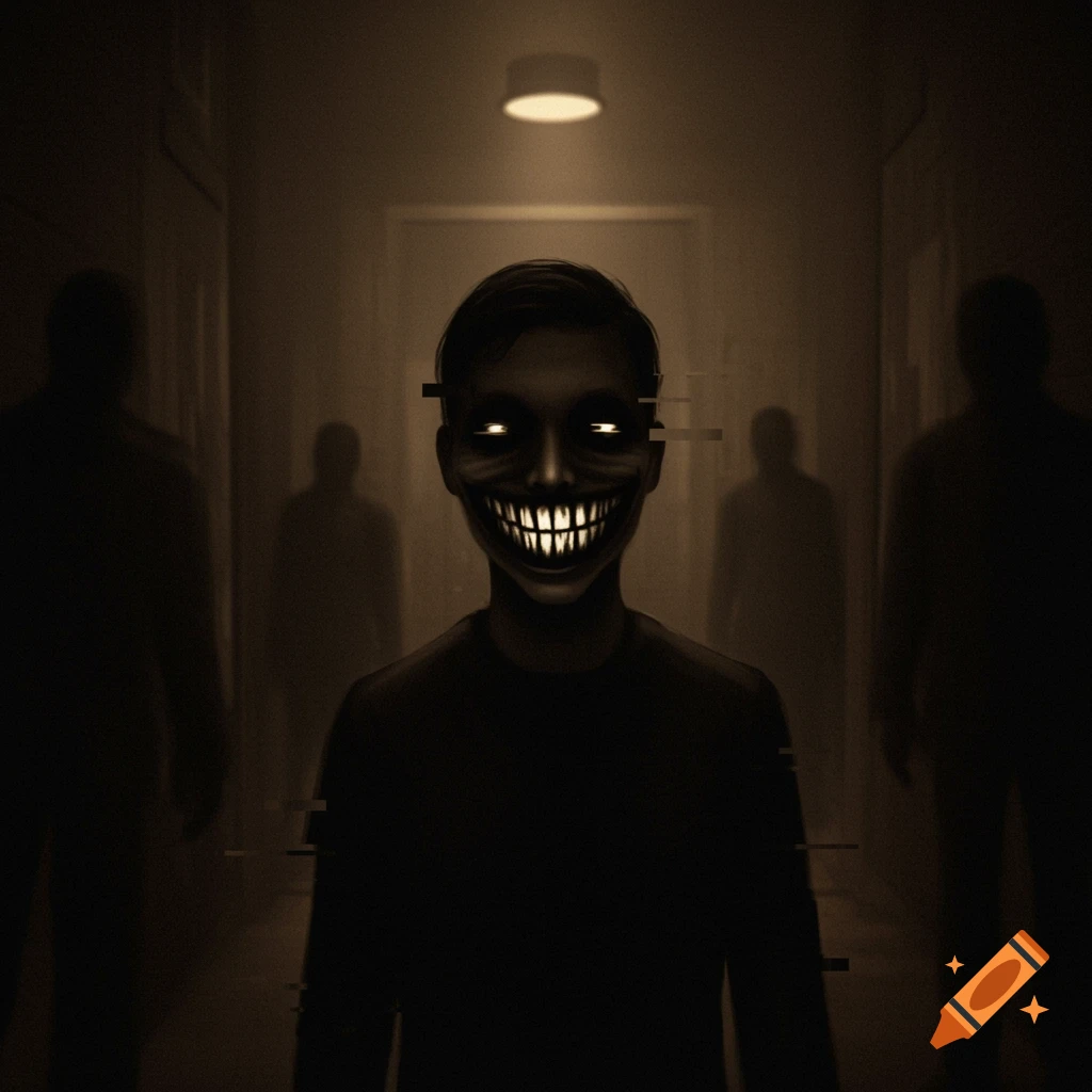 A terrifying dark figure with a wide glowing smile and eyes stands in a dark, distorted hallway with shadowy figures.