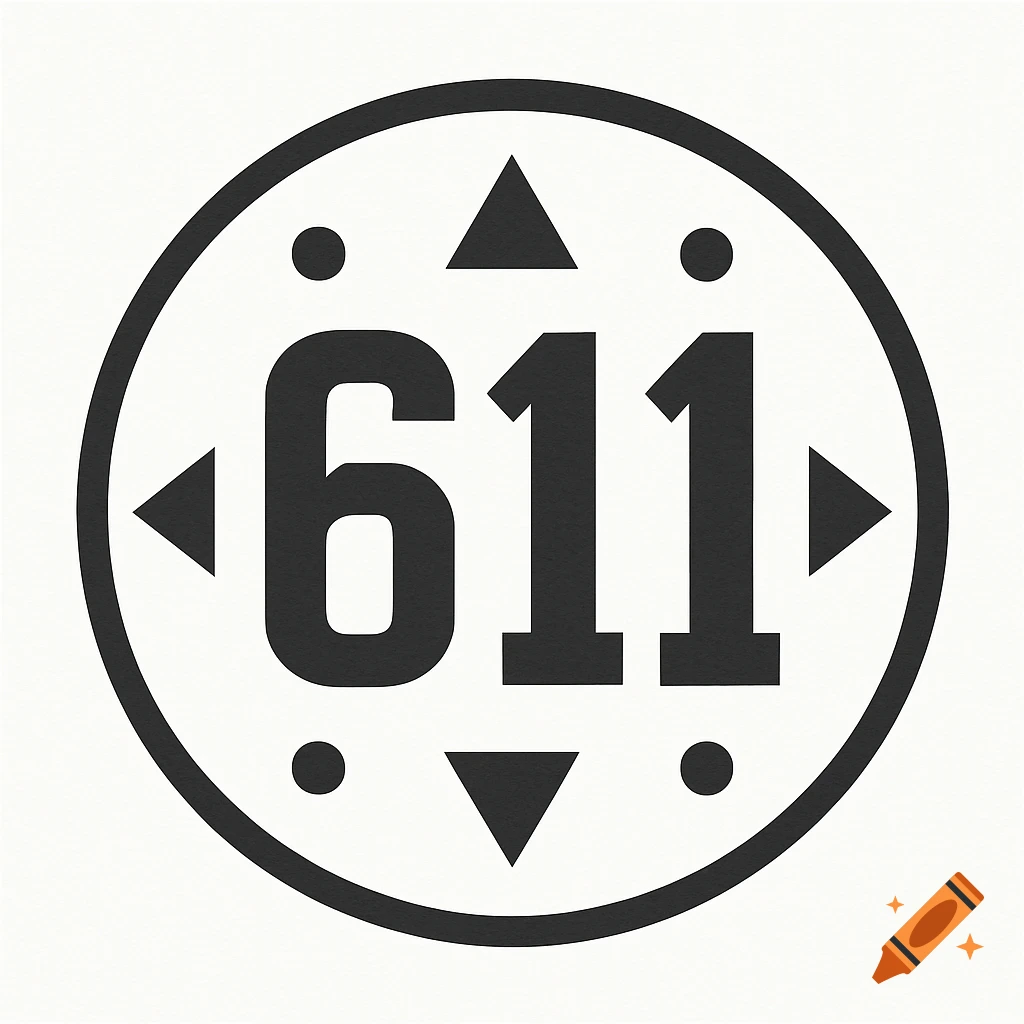 Black and white graphic of the numbers 611 inside a circle with symmetrical geometric patterns.