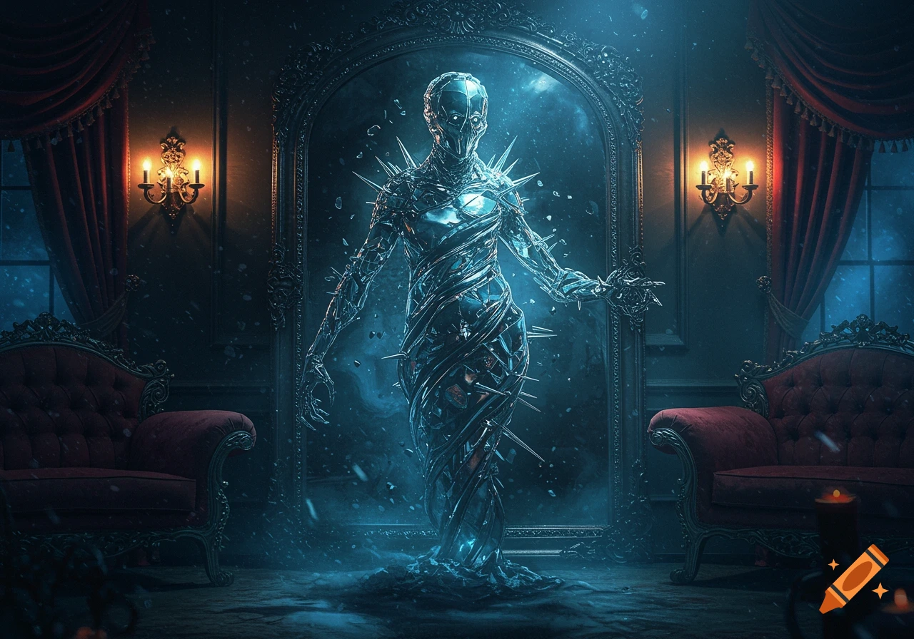A humanoid figure made of glass and spikes stands in an ornate mirror frame within a dark, opulent room with red chairs.