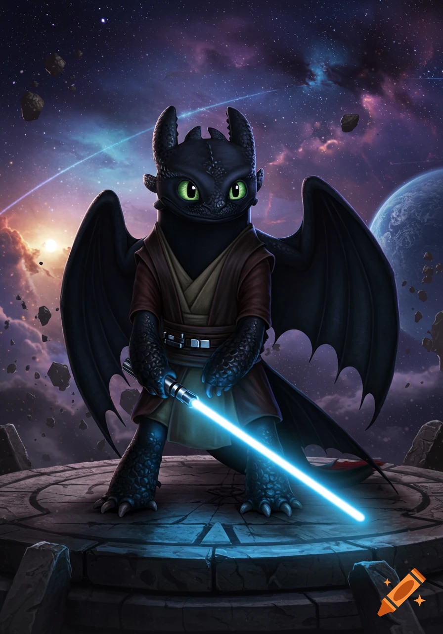 Toothless as a Jedi knight with a blue lightsaber on a stone platform in a starry space scene with planets.