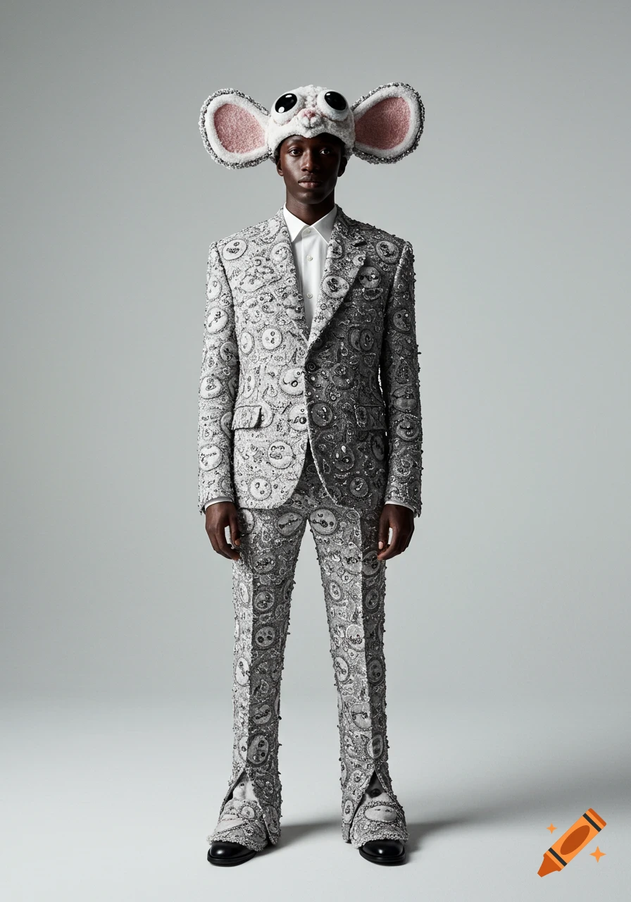 A model in a grey embroidered suit and a white plush mouse hat with large ears.