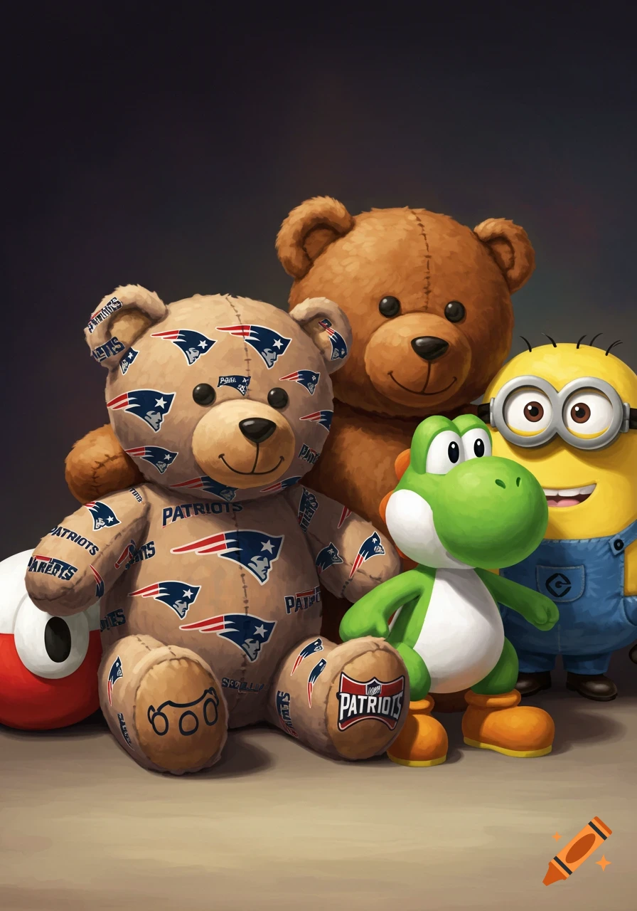 An illustration of four stuffed toys: a beige bear covered in New England Patriots logos, a brown bear, a green Yoshi, and a yellow Minion.