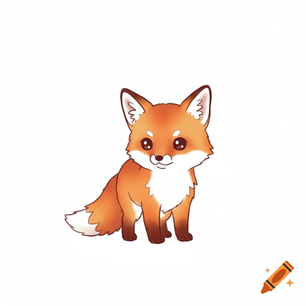 A cute, orange and white anime style fox sitting and smiling on a white background.