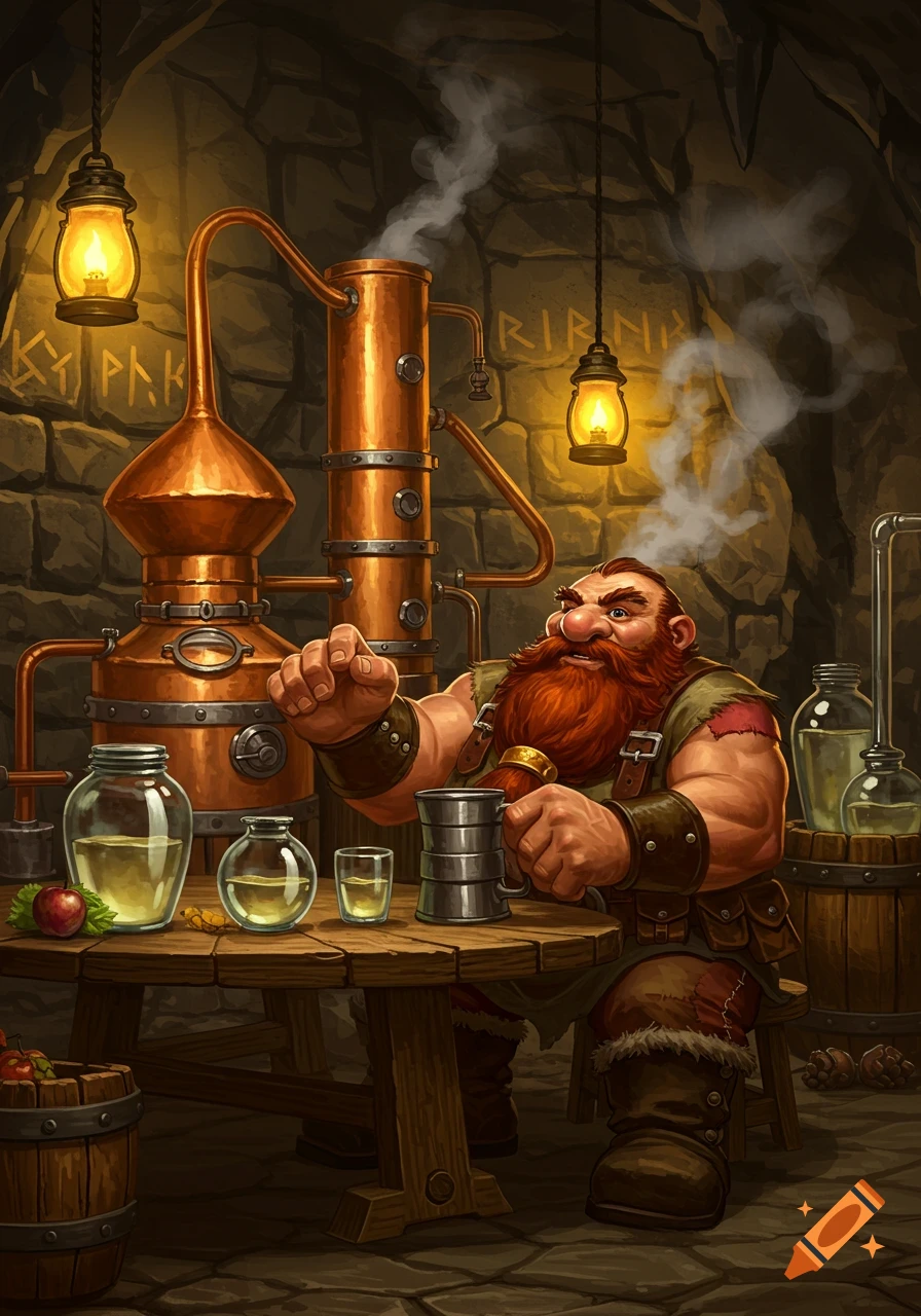 A jovial, stout dwarf with a red beard sitting at a table in a stone cellar, holding a tankard. Behind him, a large copper still with pipes emits steam. Jars of liquid and an apple sit on the wooden table.