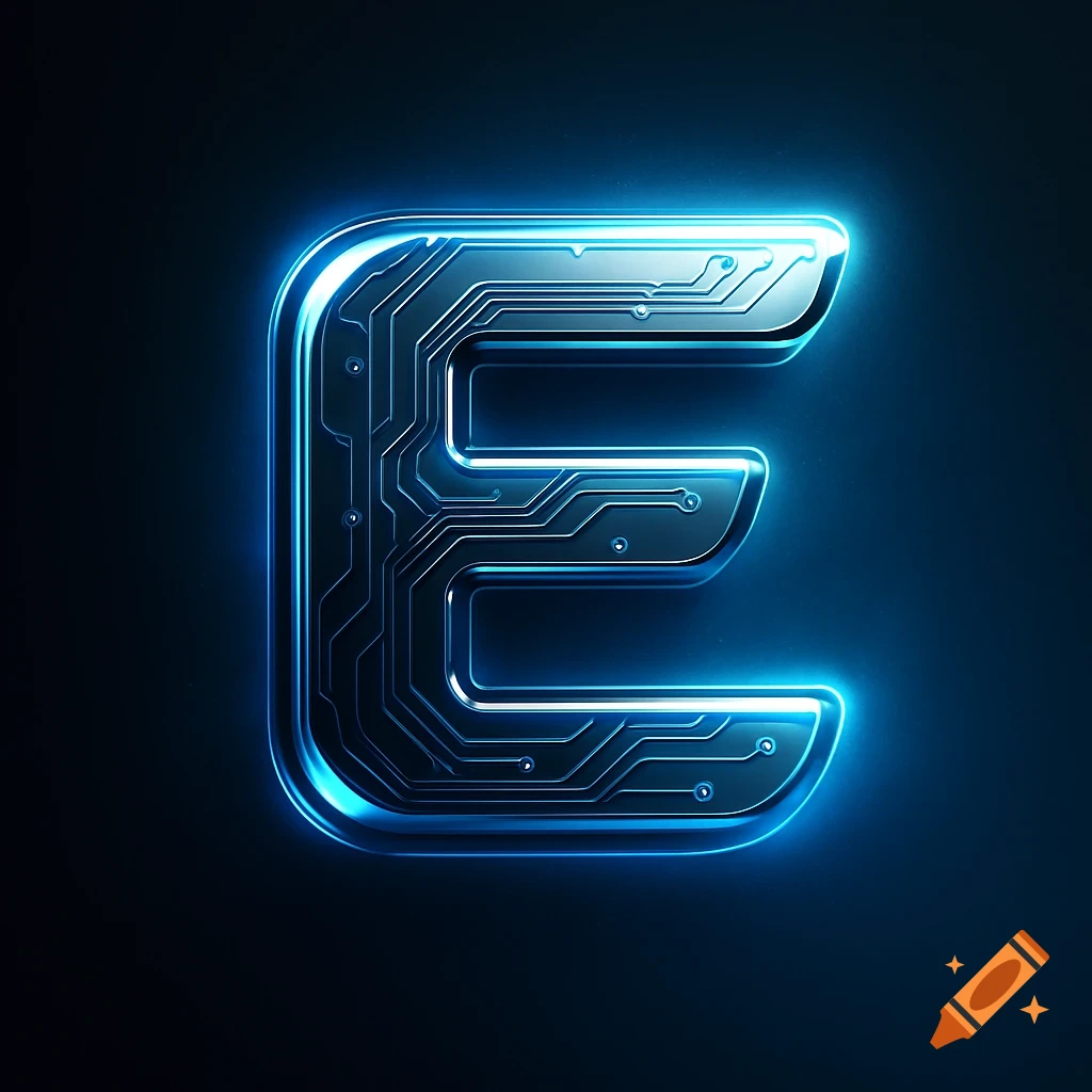 A stylized, glowing blue letter E designed with circuit board patterns on a dark background.