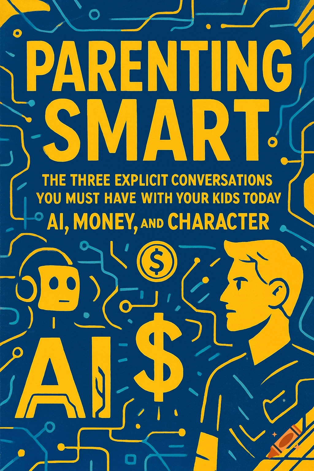 Blue and yellow book cover for 'Parenting Smart' with illustrations of a robot, dollar signs, and a person.
