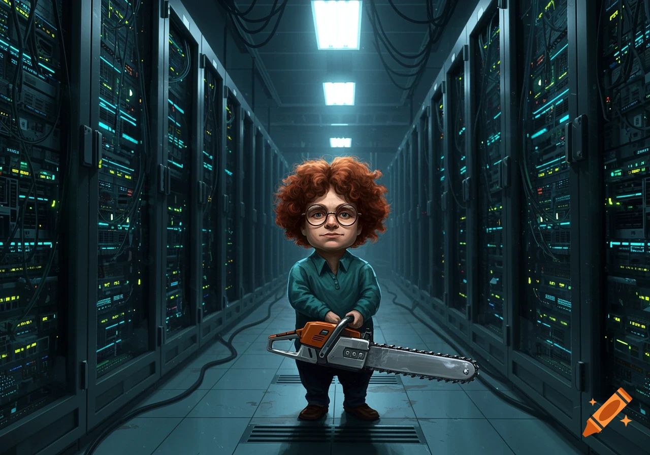 A small, cartoonish man with curly auburn hair and glasses holds a chainsaw in a dimly lit datacenter hallway.