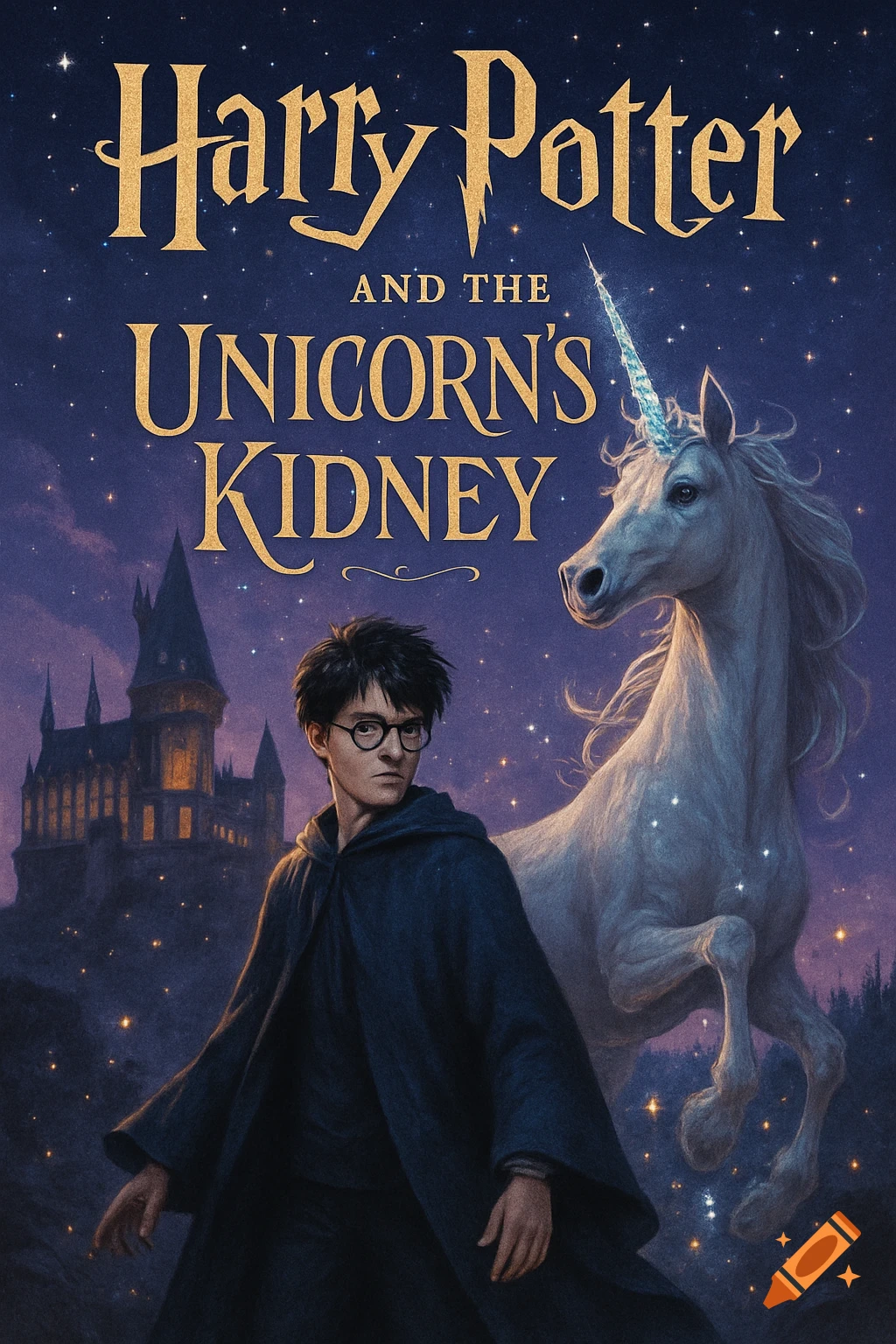 Book cover illustration showing Harry Potter and a unicorn in front of Hogwarts castle under a starry night sky.