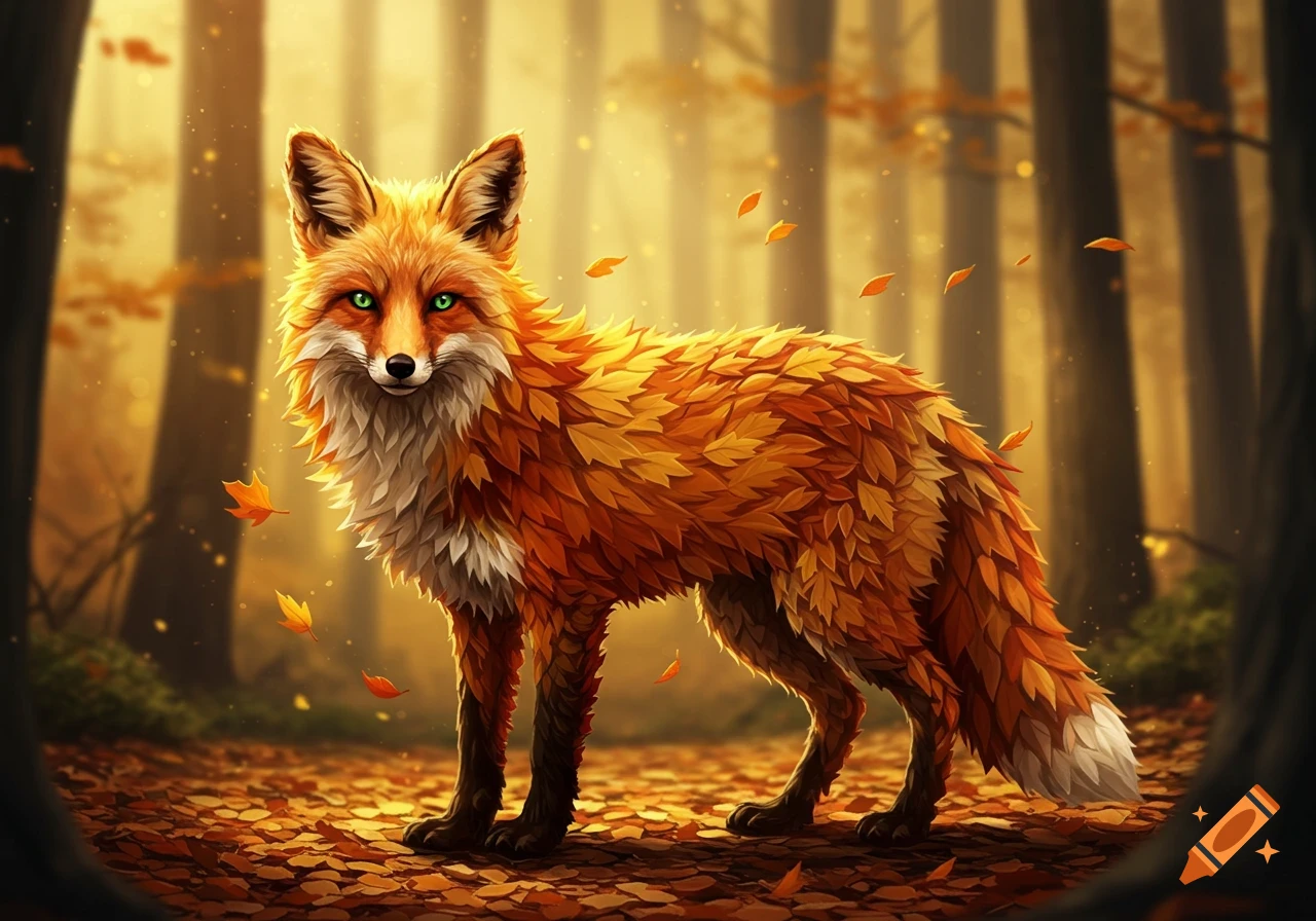 A stylized fox with fur made of autumn leaves stands in a warm, golden forest, with leaves falling around it.