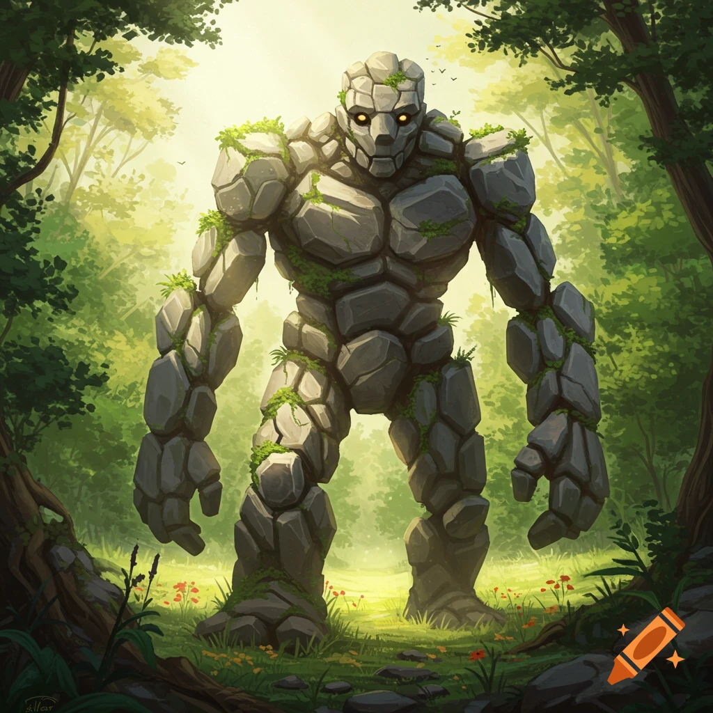 A large, moss-covered rock golem with glowing yellow eyes stands in a sunlit forest clearing, surrounded by trees and wildflowers.