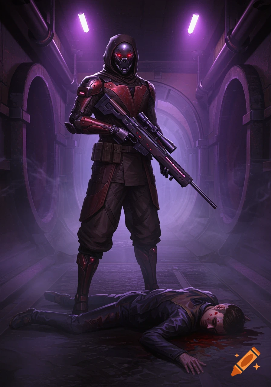 A futuristic armored assassin with glowing red eyes holds a sniper rifle, standing over a fallen outlaw in a purple-lit, foggy sci-fi passage.