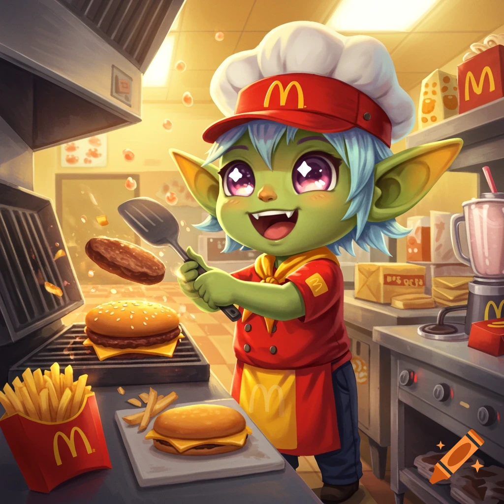 A cute green goblin chef with pointy ears and blue hair, wearing a McDonald's uniform, flips a burger on a grill in a cartoon-style kitchen.