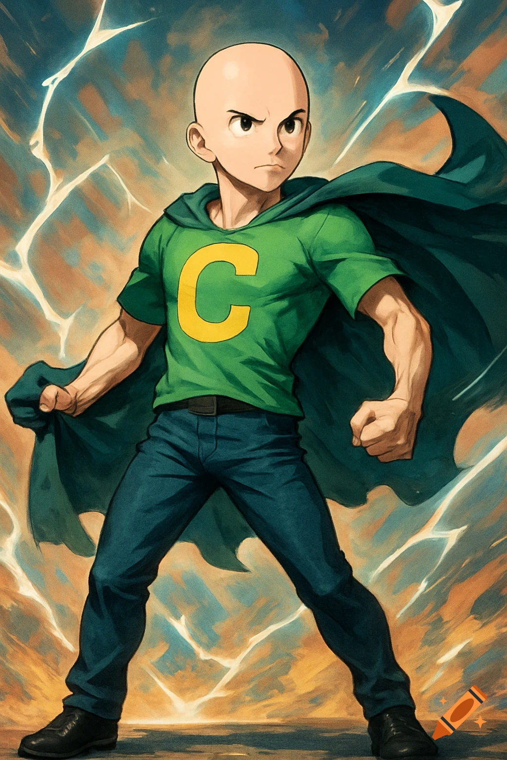 An anime hero with a bald head, green shirt with a yellow 'C', a dark green cape, and dark blue pants stands heroically with lightning effects in the background.