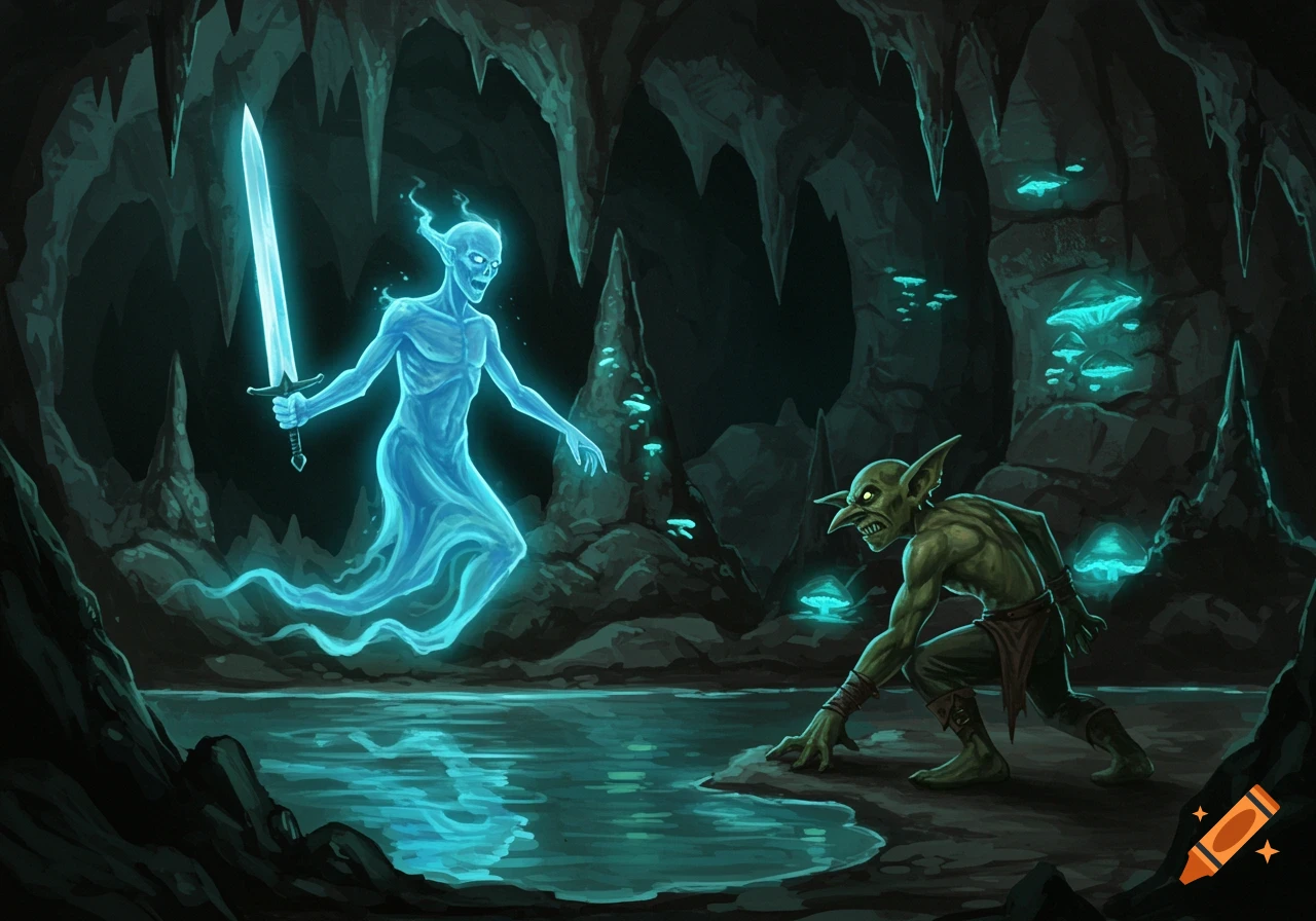 A glowing blue wraith with a sword fights a green goblin in a dark, mushroom-lit cave.