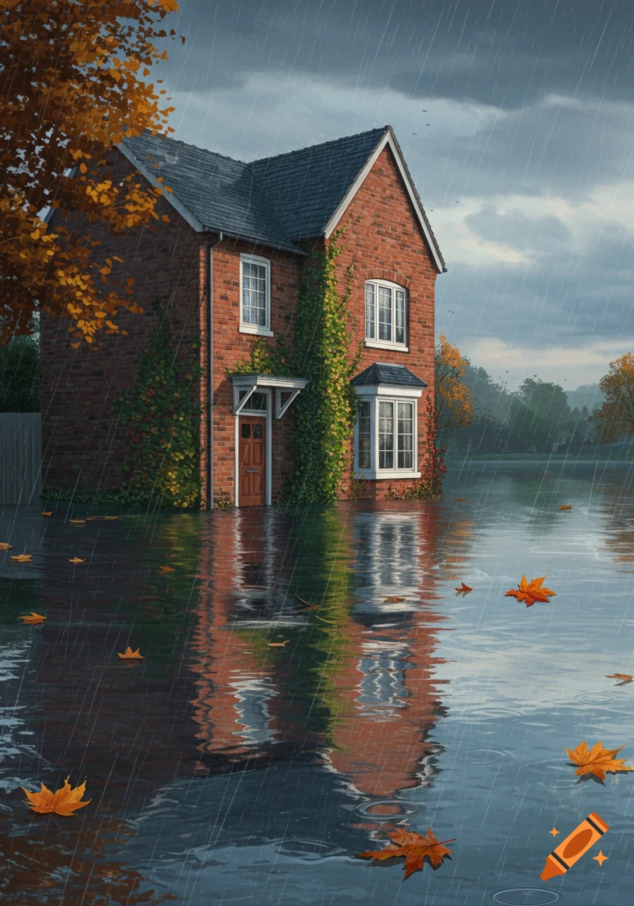 A two-story brick house partially submerged in floodwaters during a rainstorm, with autumn leaves floating.