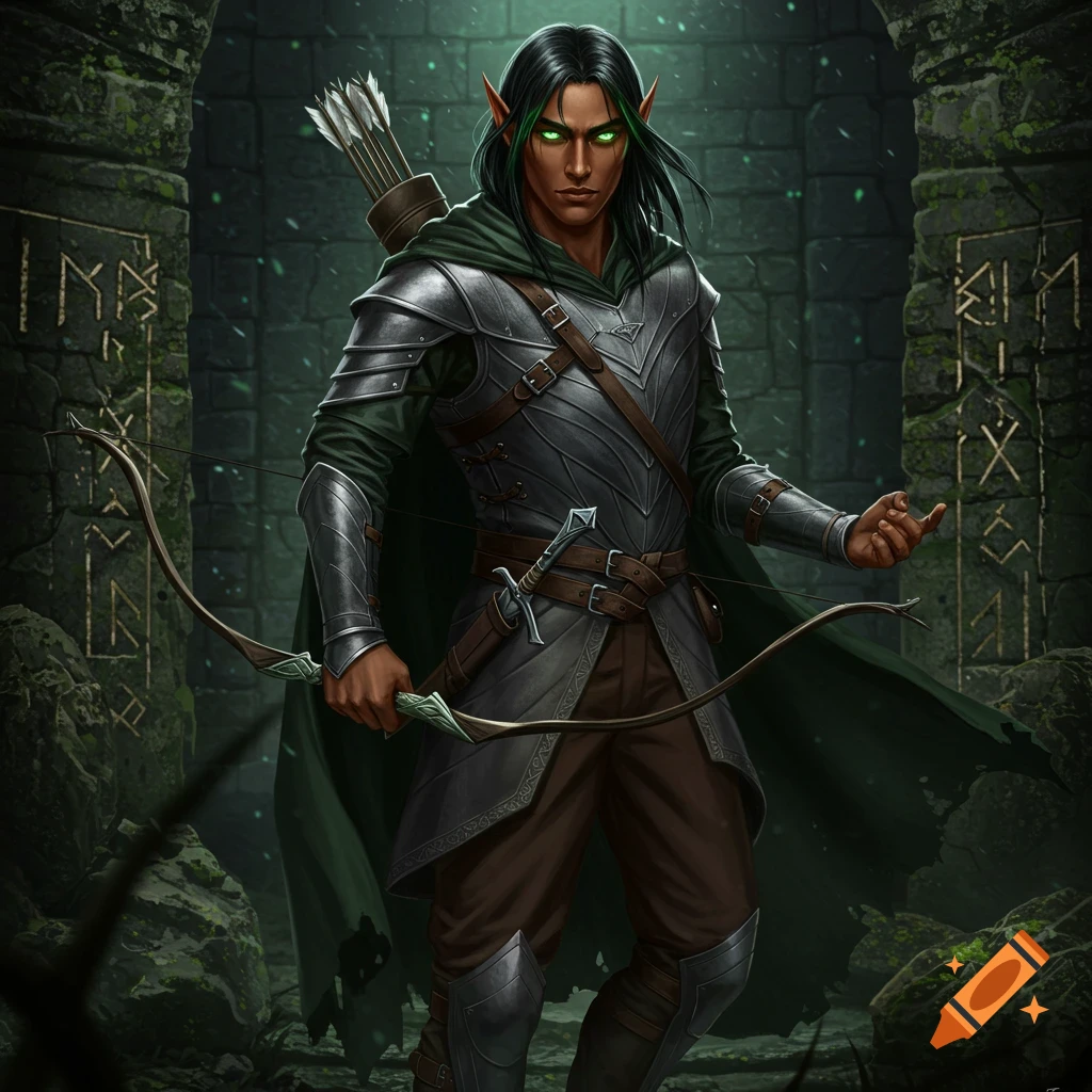 A male elf in grey armor and a green cloak holds a bow in a dark, moss-covered dungeon.